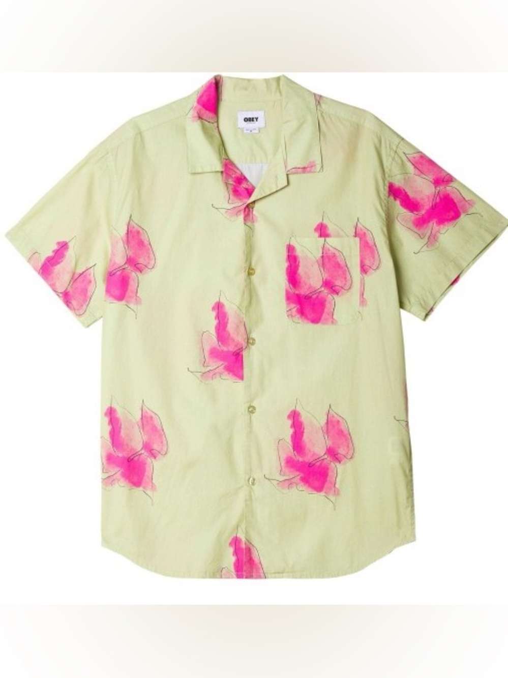 Obey Bells Woven short-sleeve green with pink watercolor floral print size L